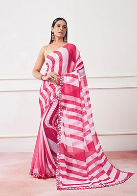 Red And White Printed Georgette Saree Set