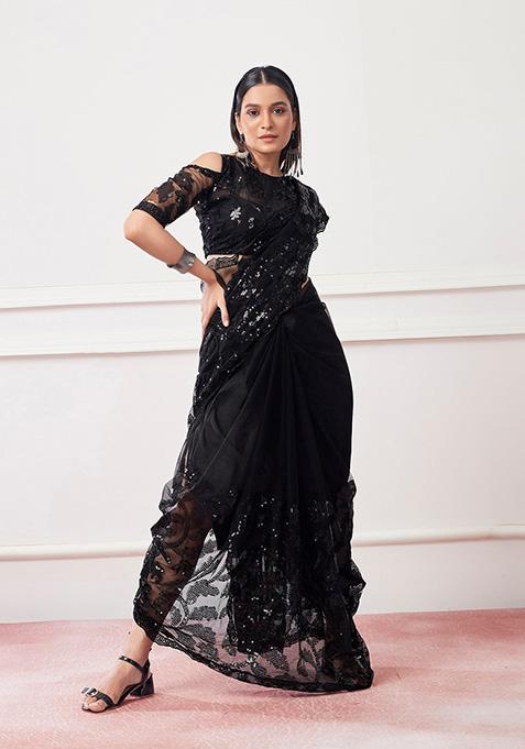 Black Soft Net Saree Set