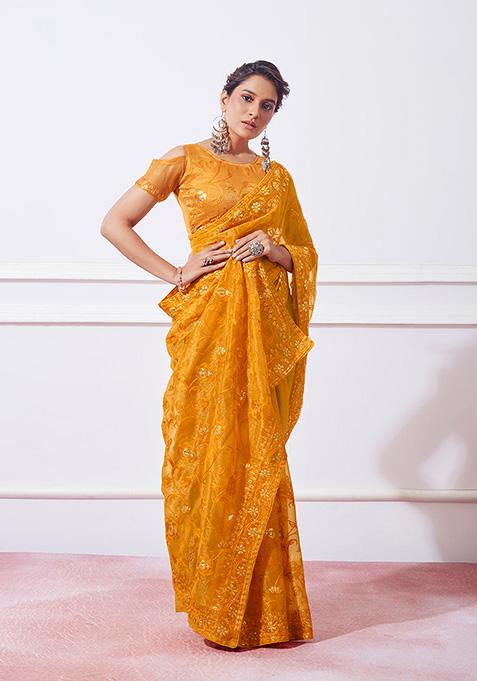 Mustard Embroidered Organza Saree Set