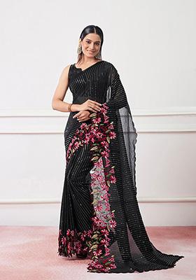 Black Embroidered Georgette Saree Set