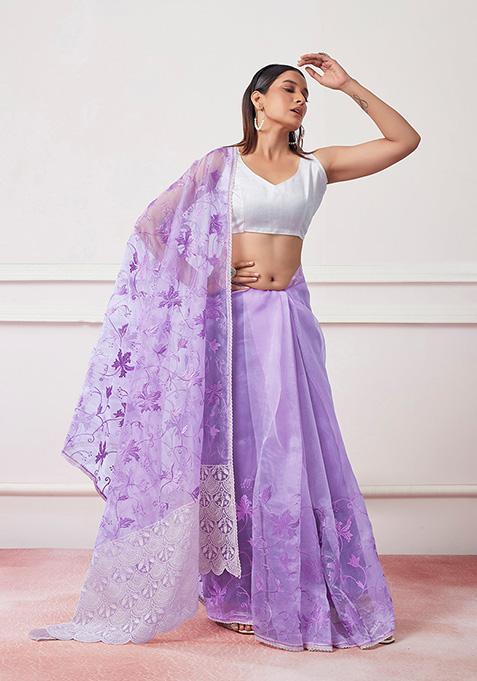 Lavender Embroidered Organza Saree Set