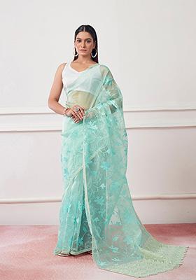 Sky Blue Embroidered Organza Saree Set