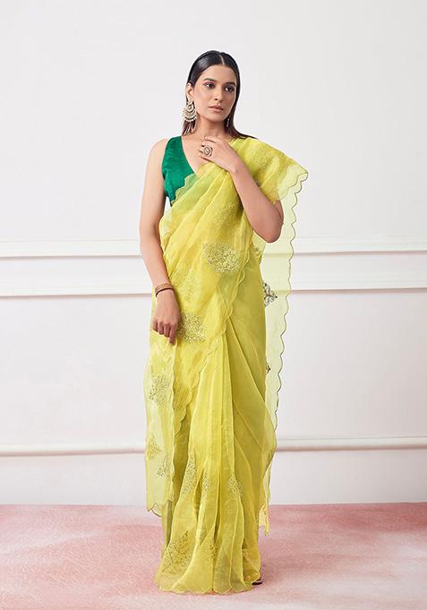 Lime Yellow Embroidered Organza Saree Set