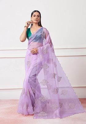 Lavender Embroidered Organza Saree Set