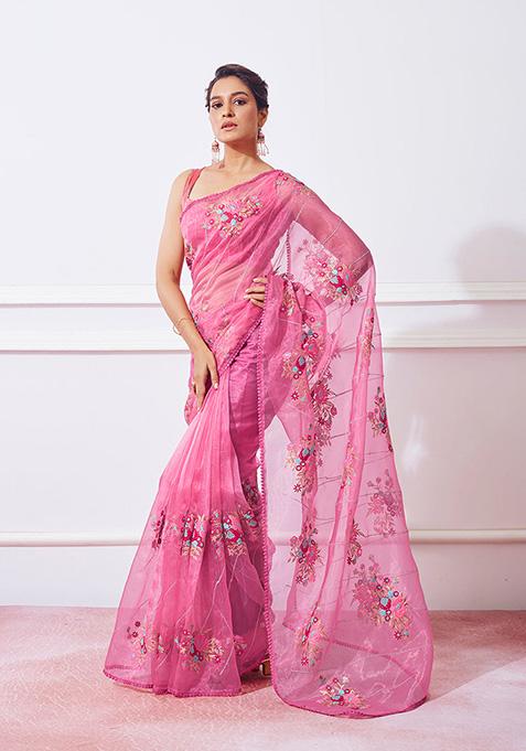 Pink Embroidered Organza Saree Set