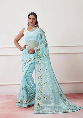 Sky Blue Embroidered Organza Saree Set