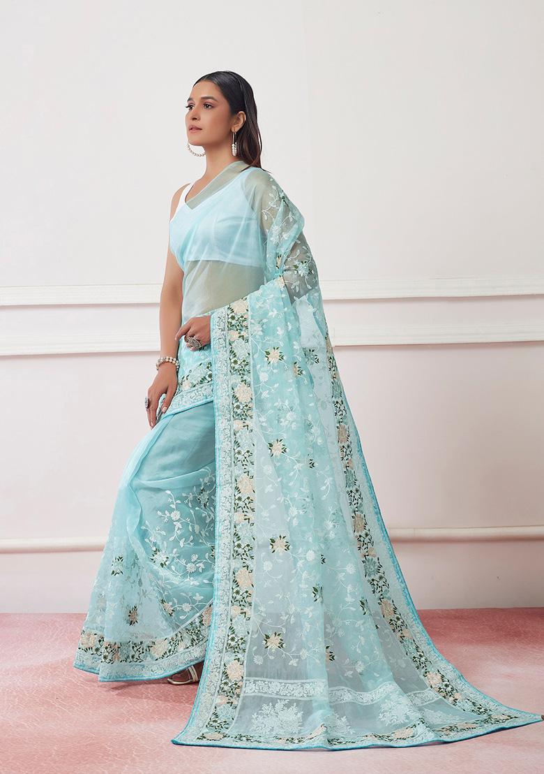 Sky Blue Embroidered Organza Saree Set