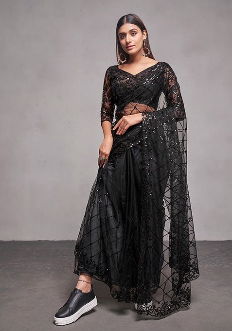 Black Soft Net Saree Set