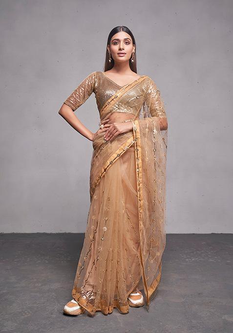 Golden Soft Net Saree Set