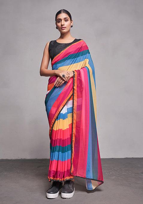 Multicolour Printed Georgette Saree Set