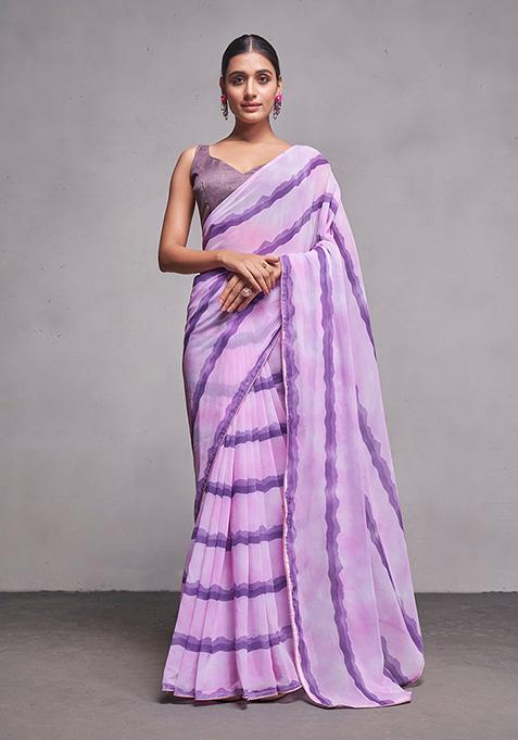 Lavender Printed Georgette Saree Set