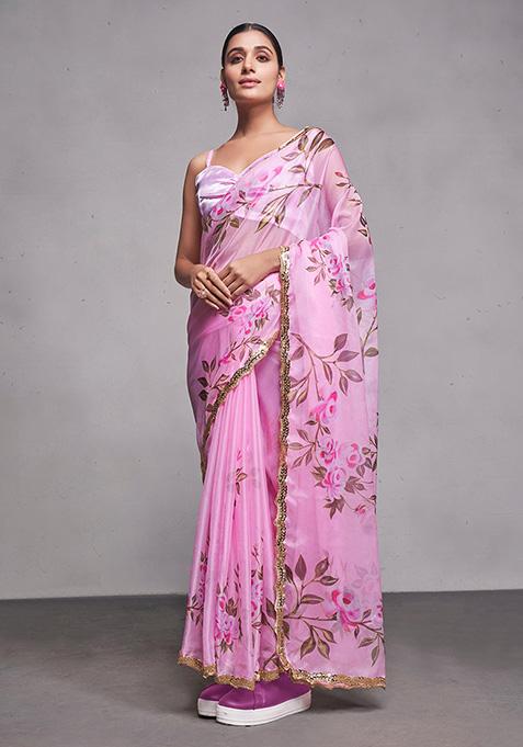 Lavender Printed Organza Saree Set