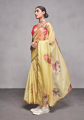 Yellow Printed Organza Saree Set