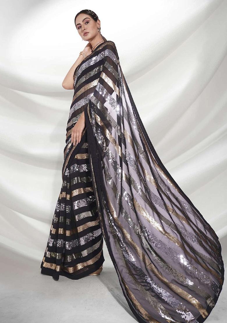 Black Georgette Saree Set - Indya