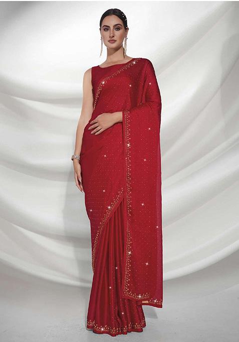 Red Satin Silk Saree Set