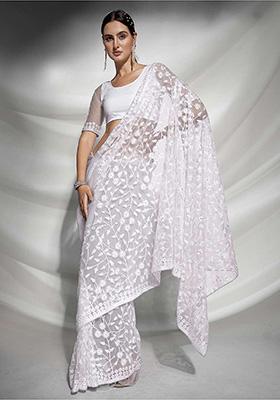 White Embroidered Soft Net Saree Set