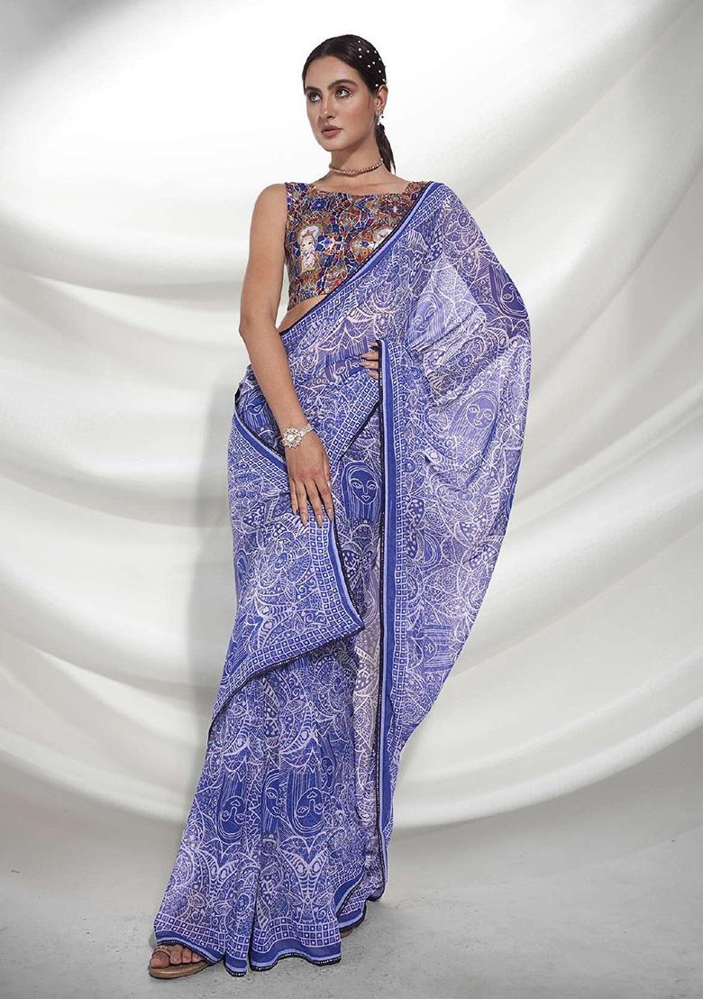 Blue Printed Georgette Saree Set - Indya