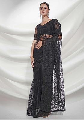 Black Embroidered Soft Net Saree Set