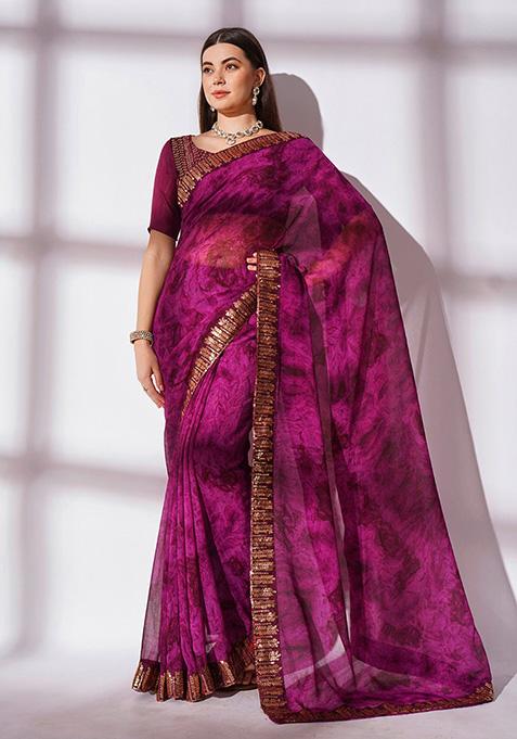 Wine Printed Georgette Saree Set