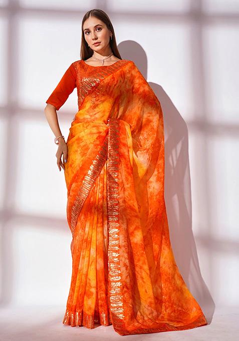 Orange Printed Georgette Saree Set