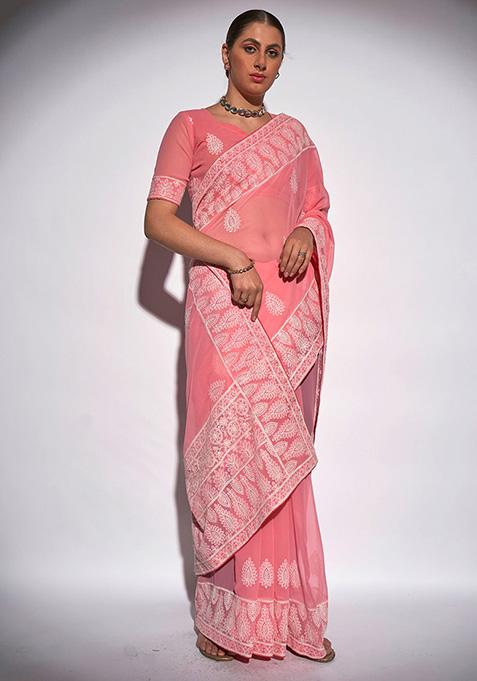 Pink Embroidered Georgette Saree Set