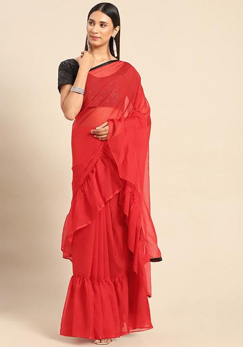 Red Organza Saree Set