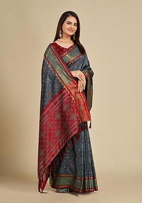 Grey Woven Patola Silk Saree Set