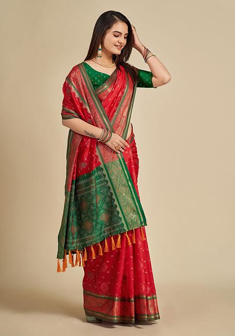 Red Woven Patola Silk Saree Set