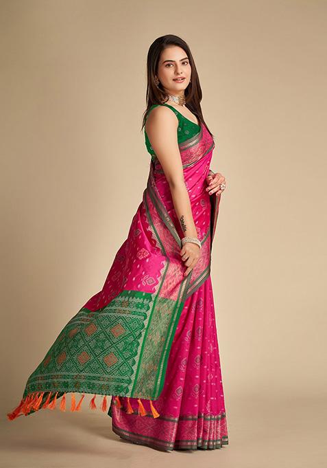 Pink Woven Patola Silk Saree Set