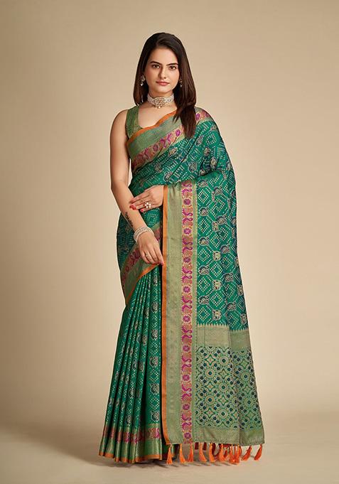 Green Woven Patola Silk Saree Set