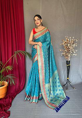 Sky Blue Woven Patola Silk Saree Set