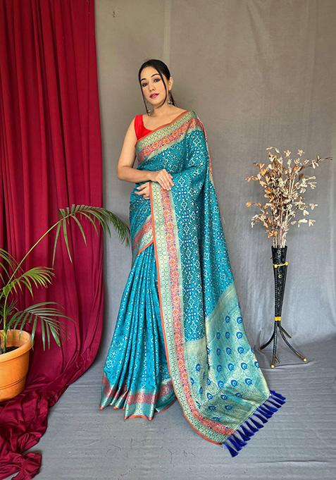 Sky Blue Woven Patola Silk Saree Set