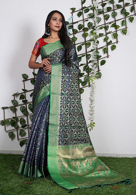 Green Woven Patola Silk Saree Set