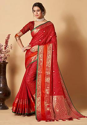Red Woven Banarasi Silk Saree Set