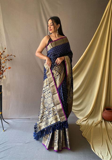 Navy Blue Woven Banarasi Silk Saree Set