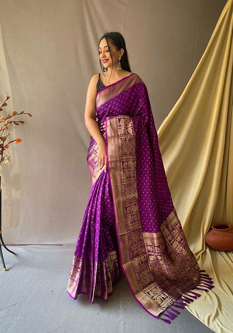Purple Woven Banarasi Silk Saree Set