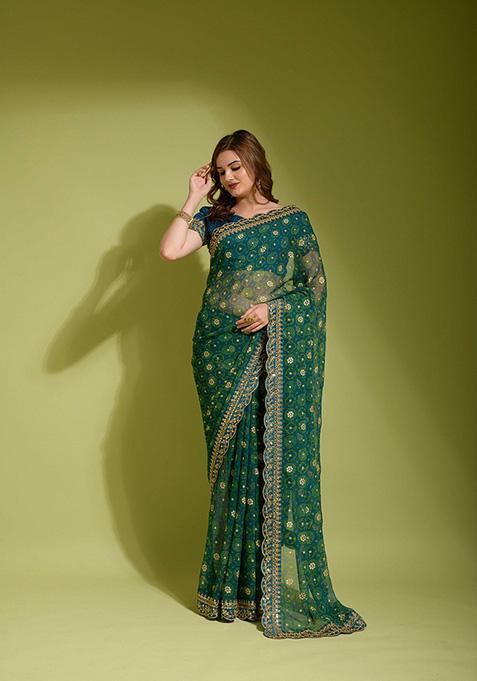 Dark Green Printed Georgette Saree Set