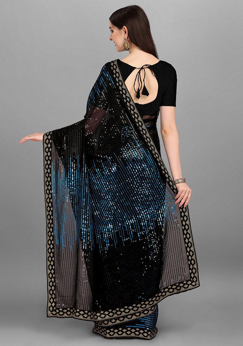 Black Embroidered Heavy Georgette Saree Set - Indya