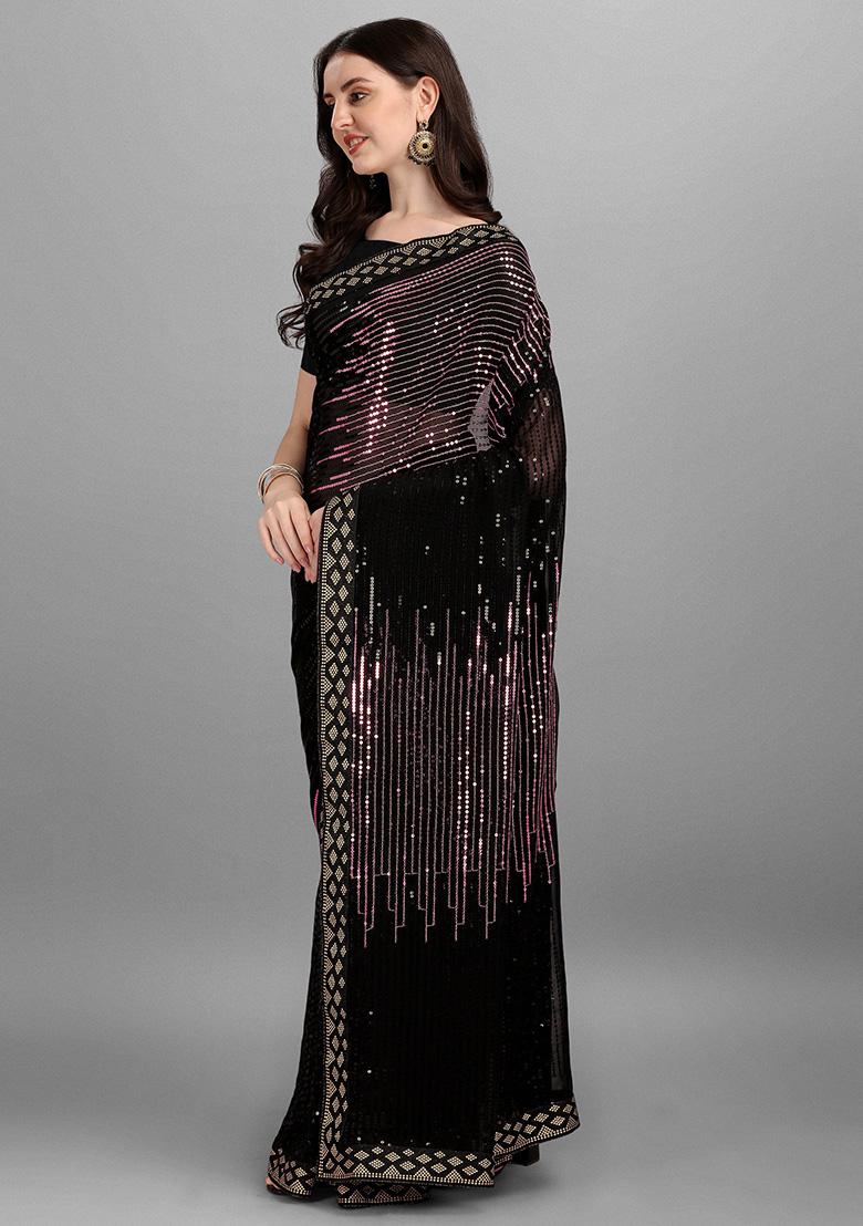 Black Embroidered Heavy Georgette Saree Set - Indya