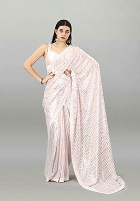 Light Peach Embroidered Heavy Georgette Saree Set