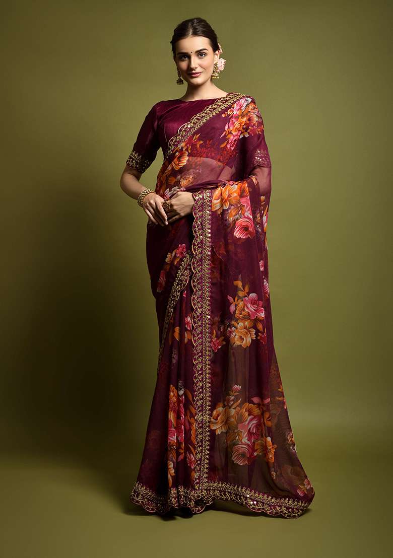 Wine Printed Georgette Saree Set - Indya