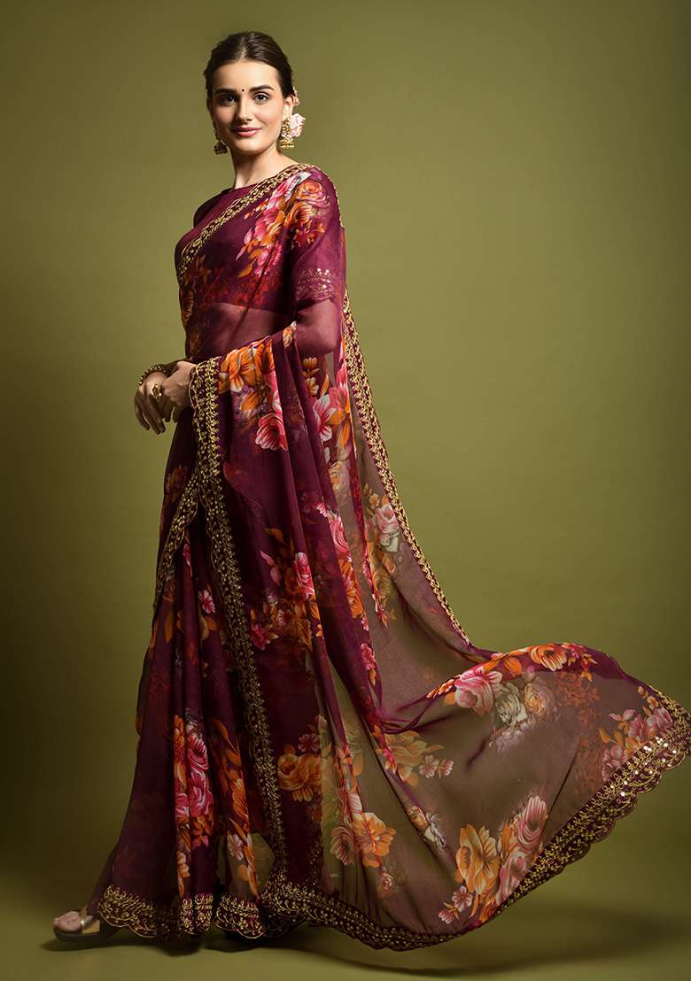 Wine Printed Georgette Saree Set - Indya