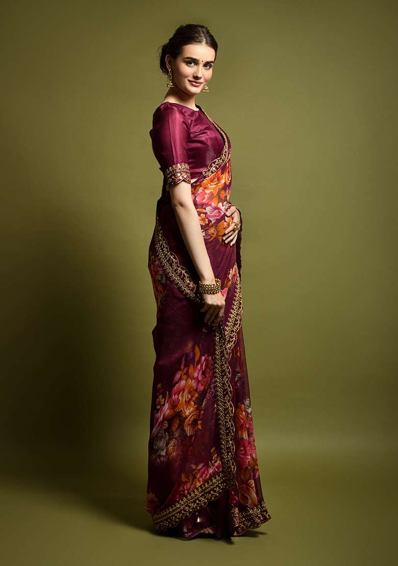 Wine Printed Georgette Saree Set - Indya