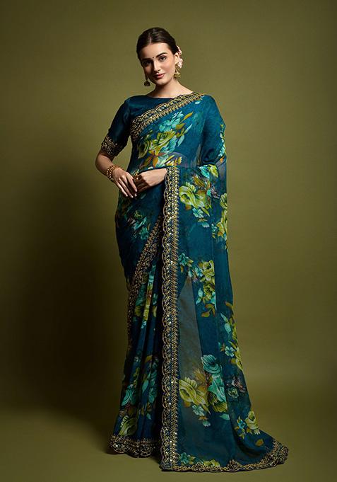 Green Printed Georgette Saree Set