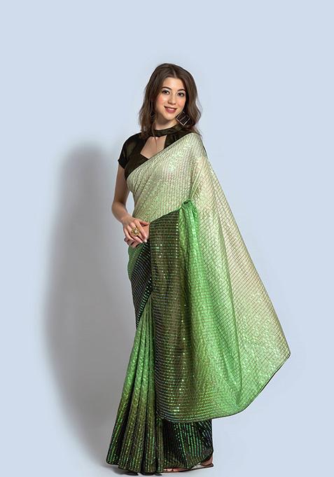 Green And Rama Green Embroidered Vichitra Silk Saree Set