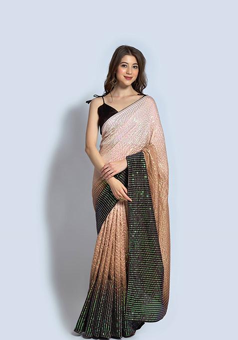 Brown And Off White Embroidered Vichitra Silk Saree Set