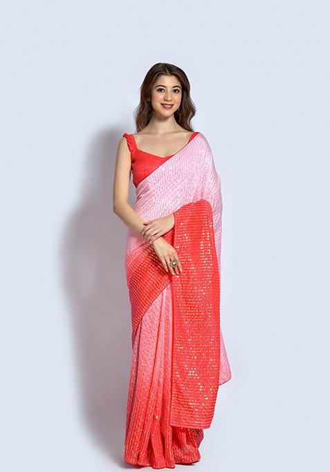 Peach And Off White Embroidered Vichitra Silk Saree Set