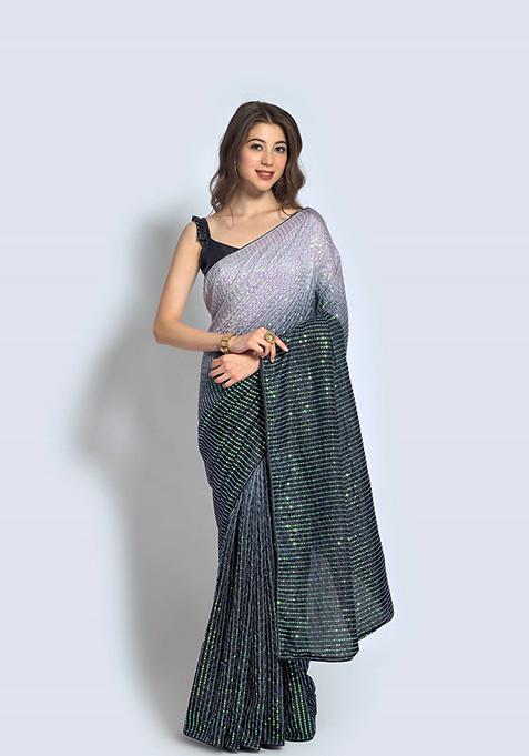 Black And Off White Embroidered Vichitra Silk Saree Set