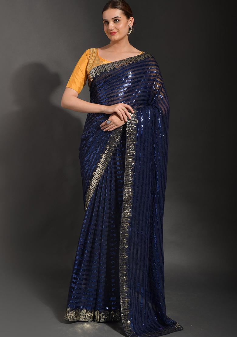 Blue Embroidered Soft Georgette Saree Set - Indya