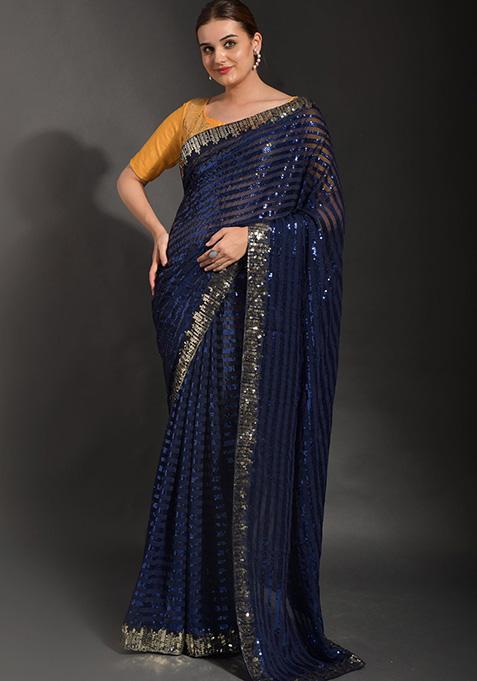 Blue Embroidered Soft Georgette Saree Set